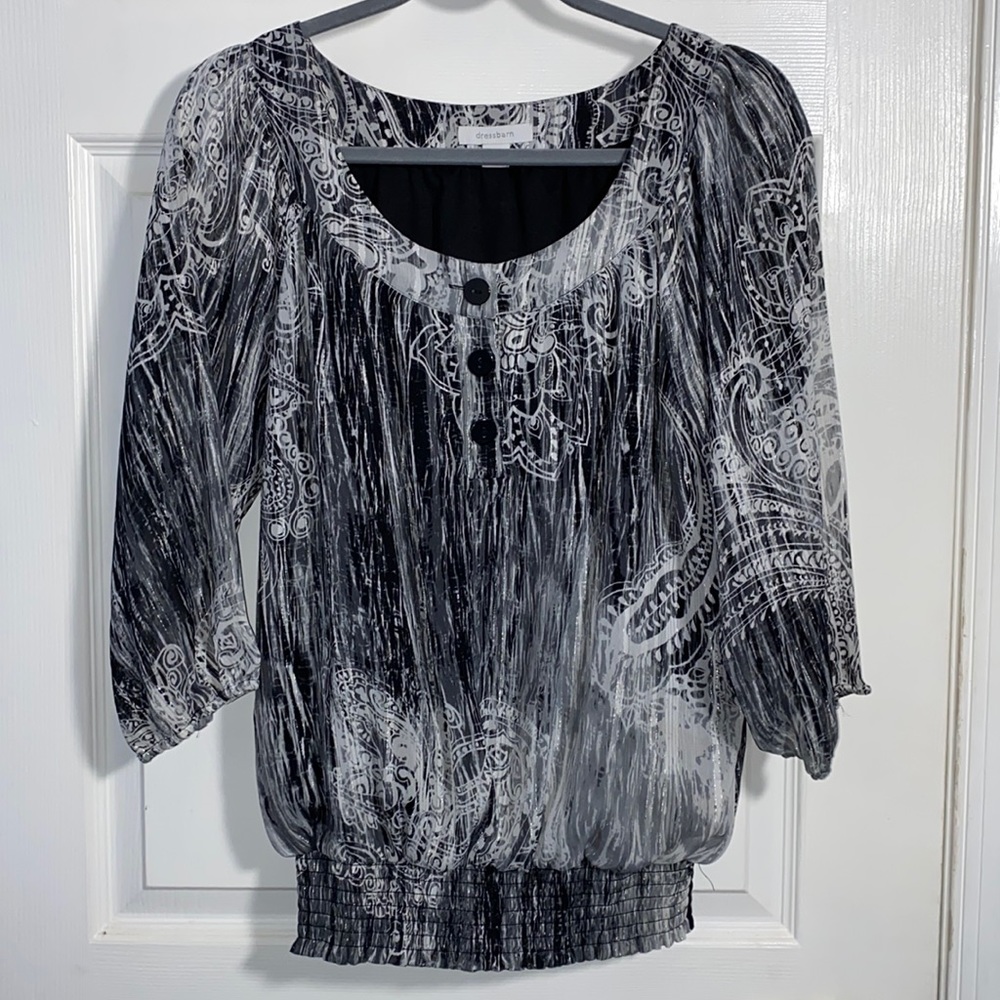 Dress Barn Women’s Black Silver White 3/4 Sleeve Sparkly Top Large